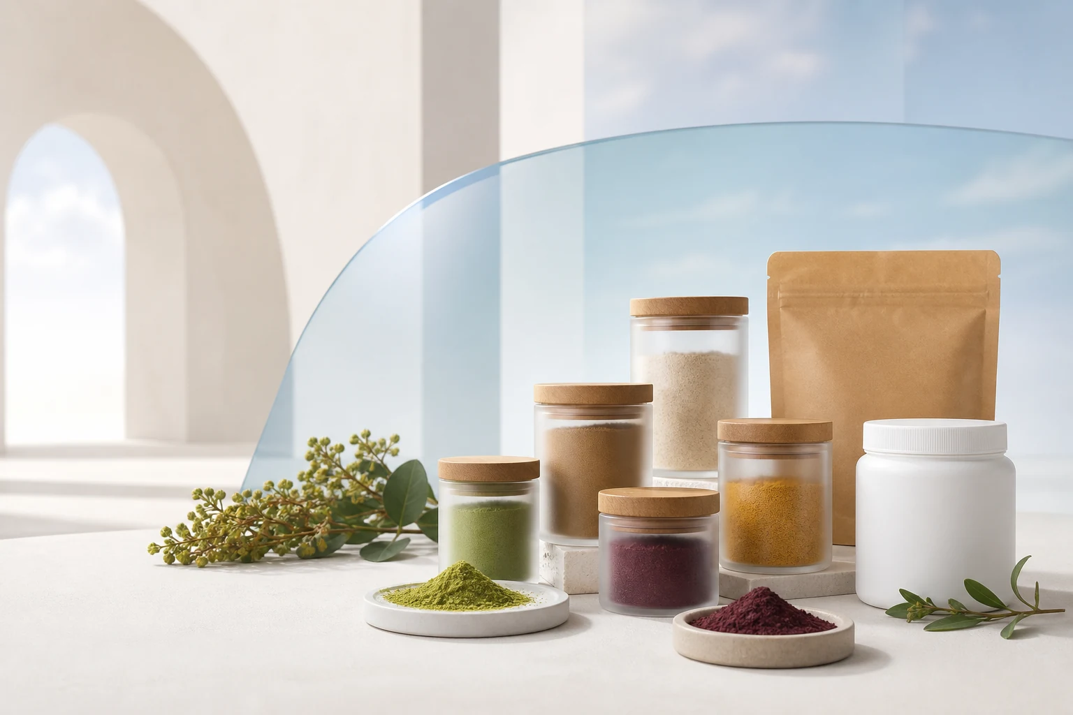 Supplement bottles, jars, sachets, capsules and herbal packaging details