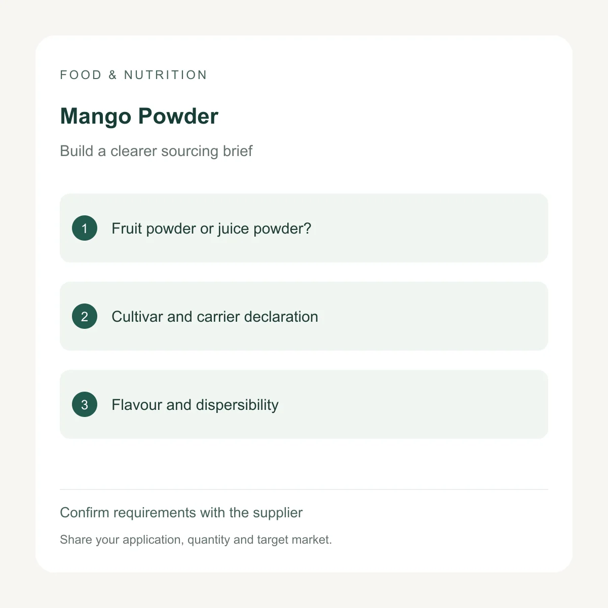 Mango Powder procurement inputs to confirm