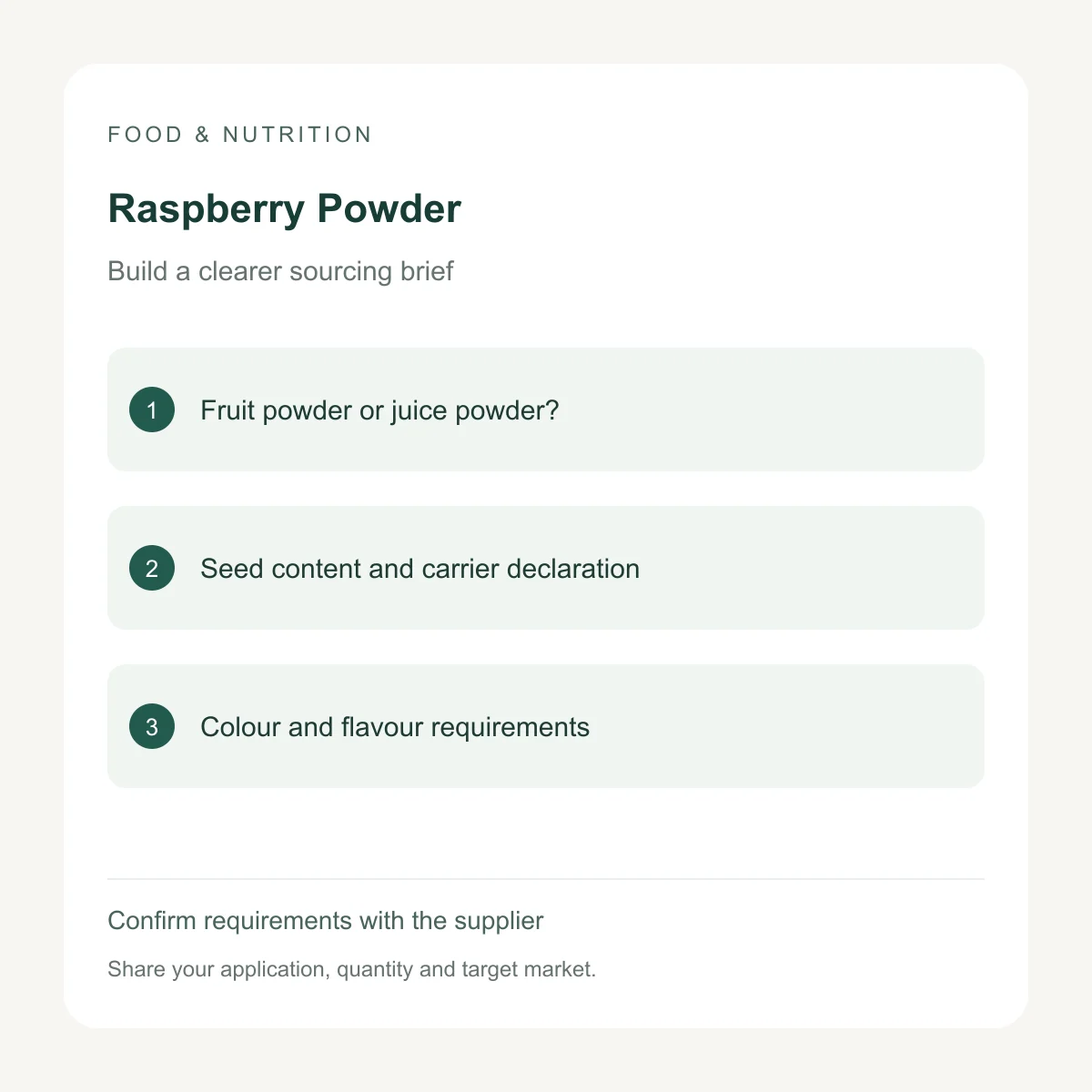 Raspberry Powder procurement inputs to confirm