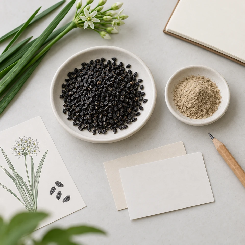 Chinese chive seed and powder procurement discussion with blank cards