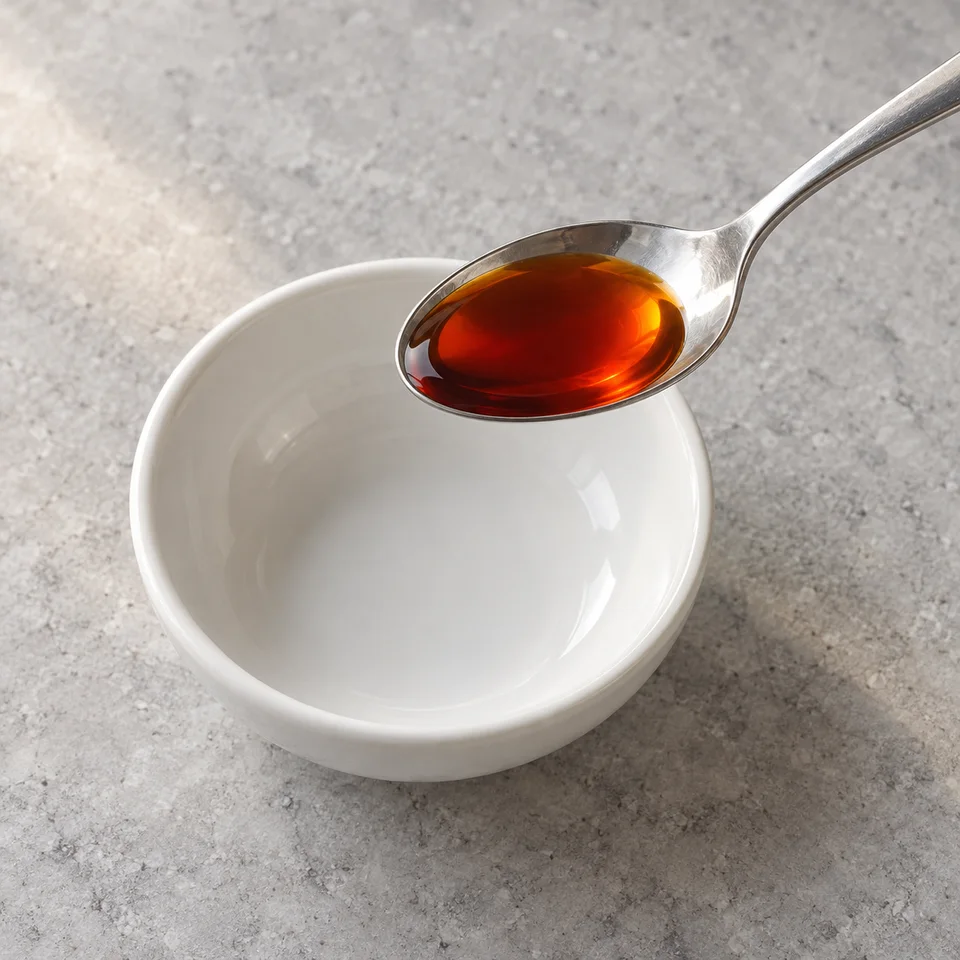Oil handling discussion with a spoon and ceramic dish