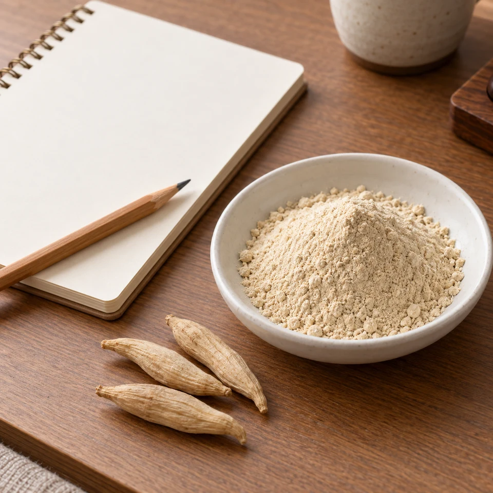 Blank procurement notebook with botanical powder and tuberous-root material