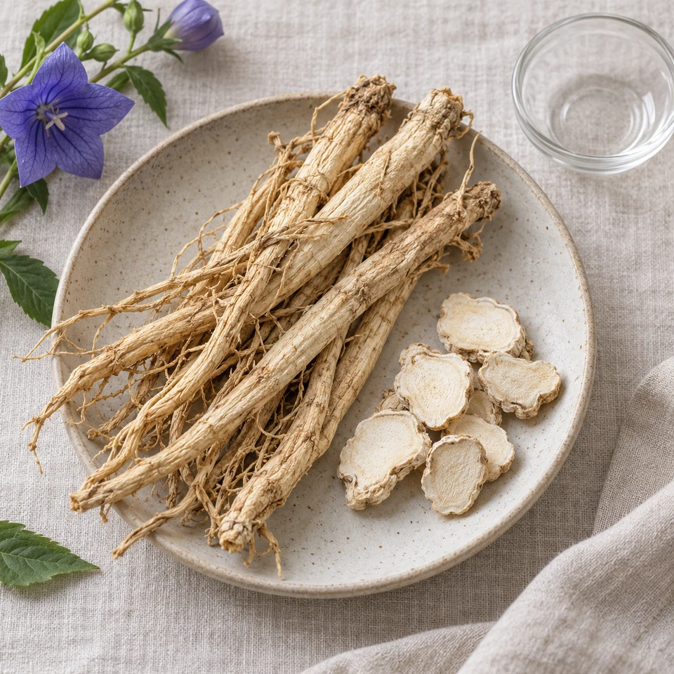 Platycodon roots and slices in a botanical source-part presentation