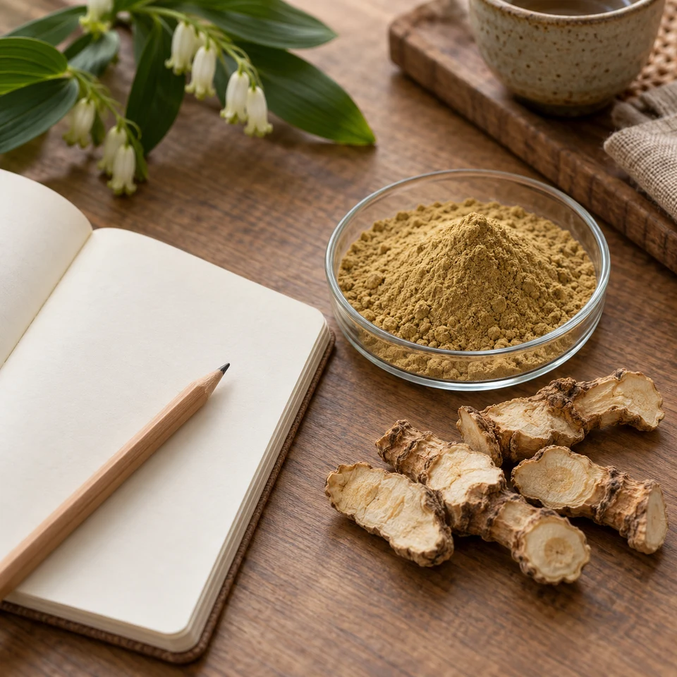 Blank procurement notebook with botanical powder and rhizome material
