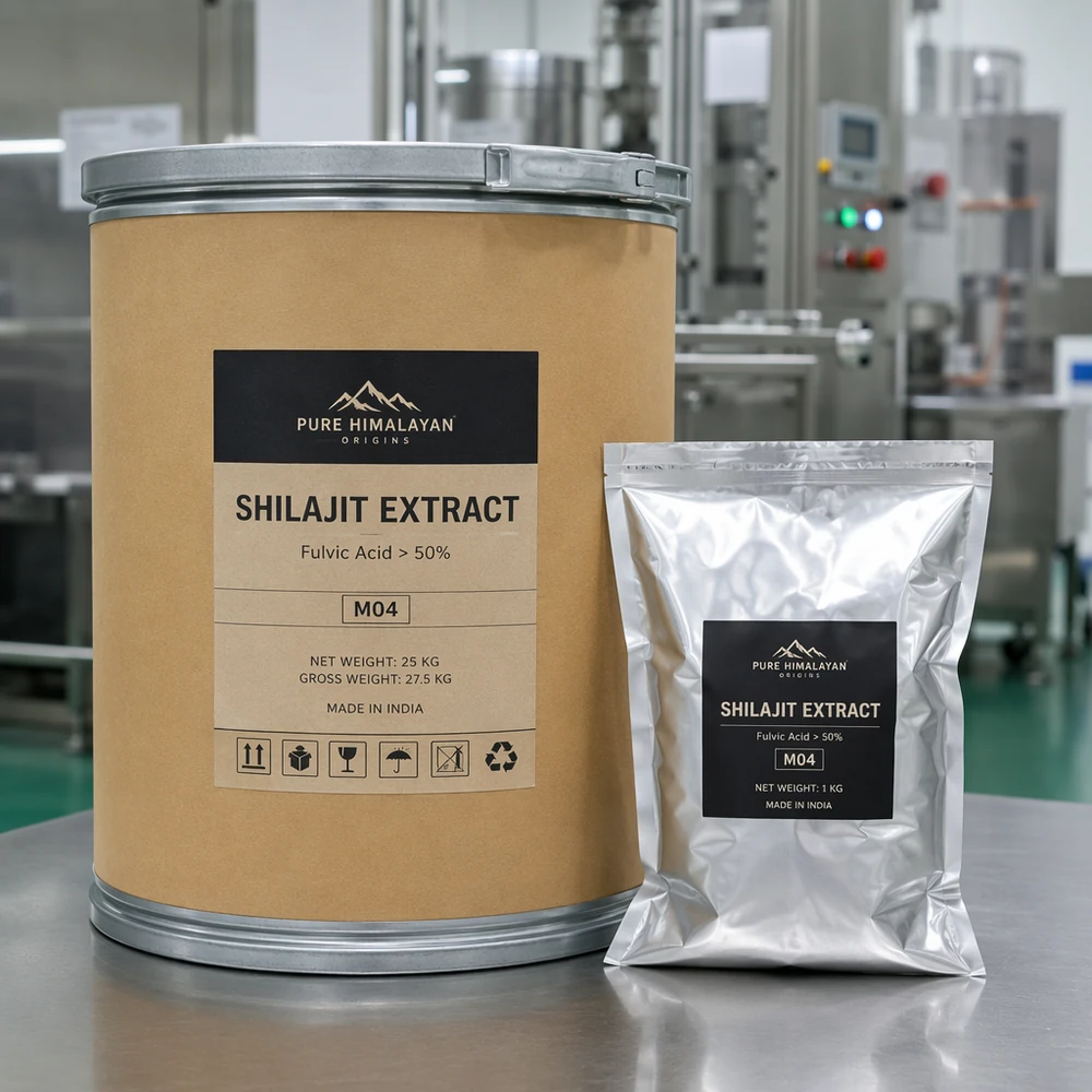 Shilajit Extract Standardized to 50% Fulvic Acid for Botanical Sourcing packaging and supply presentation