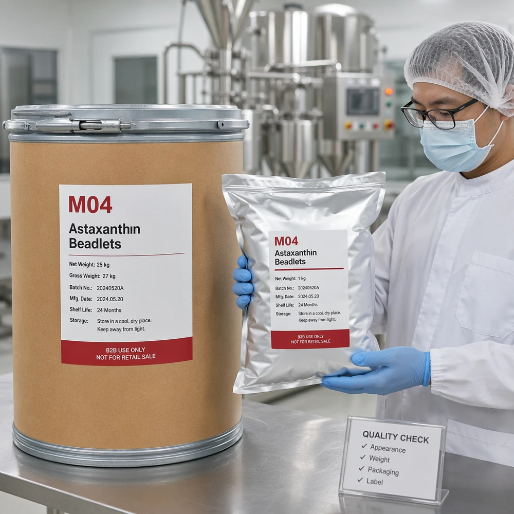 Astaxanthin 10% Lipid-Encapsulated Beadlet Powder for Nutrition Formulation packaging and supply presentation